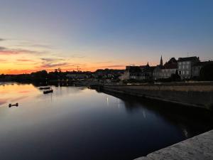 rzeka z dwoma kaczkami w wodzie o zachodzie słońca w obiekcie Le Musée 1, Cosy 2 pièces w mieście Bergerac