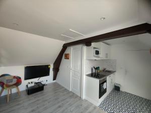 a room with a kitchen and a living room with a television at Les Lofts De Provins: Apt 6 in Provins