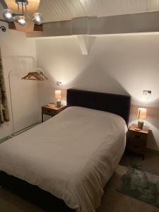 una camera con un letto con due comodini e due lampade di The Shack plus Camping a Llandinam
