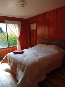 a bedroom with a large bed with a window at HOSTEL Casa de campo Niña bosque in Valdivia