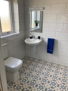 a white bathroom with a toilet and a sink at No. 21 An t'Oileán in Valentia Island