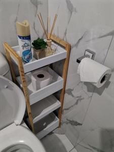 uma casa de banho com um WC e um rolo de papel higiénico em The calm corner em Pinetown