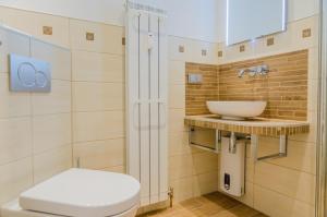 a bathroom with a toilet and a sink at Westbrise App 7 in Wenningstedt +3 photos