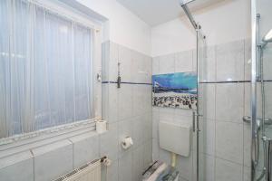 een badkamer met douche en toilet en een raam bij Constantin in Tinnum +18 foto's