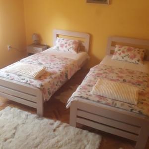 a bedroom with two twin beds and a rug at Apartman "Dom Stankovića" in Pirot