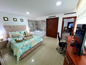 a bedroom with a bed and a bathroom with a tub at Ecusuites Jacuzzi Executive Dpto Riverfront l puerto santa ana in Guayaquil