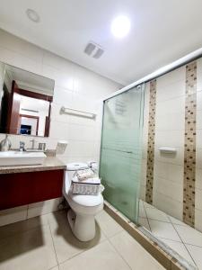 a bathroom with a toilet and a sink and a shower at Ecusuites Jacuzzi Executive Dpto Riverfront l puerto santa ana in Guayaquil