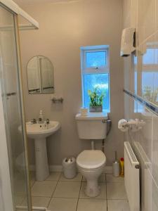 a bathroom with a toilet and a sink and a window at Estuary View Apartment in Kilrush