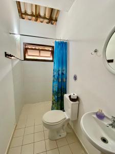 a bathroom with a toilet and a sink at Apartamento Pimenta Rosa, 400m do mar, rua principal in Imbassai +18 photos