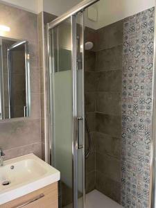 uma casa de banho com um chuveiro e um lavatório. em T2 4 pers face gare SNCF Appart Hotel le Cygne 4 em Bourges