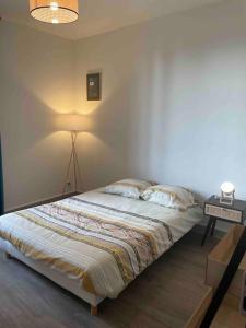 um quarto com uma cama com uma luz na parede em T2 4 pers face gare SNCF Appart Hotel le Cygne 4 em Bourges