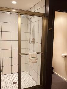ポート・エンジェルスにあるTerra Vista Chaletのバスルーム(ガラスドア付きのシャワー付)