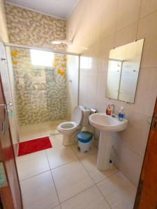 ein Bad mit einem WC, einem Waschbecken und einer Dusche in der Unterkunft CASA DE CAMPO SENHORA SANTANA in Rio de Contas