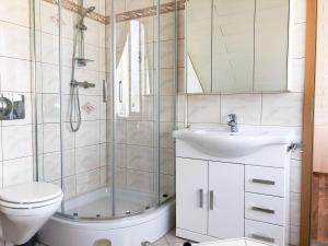 a bathroom with a shower and a toilet and a sink at Ferienhaus direkt an der Spree mit Whirlpool und Sauna in Berlin