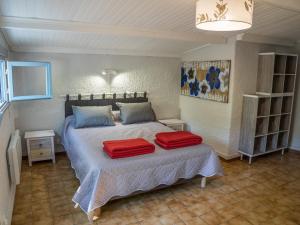 um quarto com uma cama com duas almofadas vermelhas em Adorable holiday home with pool em Uzer