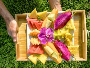 um prato de frutas e vegetais coloridos na relva em Kona Bayview Inn em Captain Cook