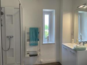 a bathroom with a shower with a blue towel at Maison rénovée avec jardin, BBQ, animaux acceptés - FR-1-489-341 in La Chabanne
