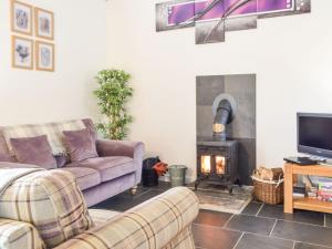 a living room with a couch and a wood stove at Y Bwthyn in Llanwinio