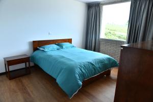 1 dormitorio con cama con sábanas azules y ventana en Cucuate Hospedaje, en Choachí
