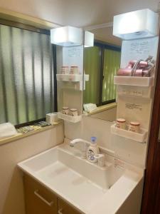 een badkamer met een wastafel en een spiegel bij 富士旅の家 in Fujikawaguchiko