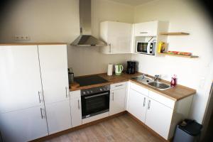 a small kitchen with white cabinets and a sink at Hof Hahnenberg in Wagenfeld