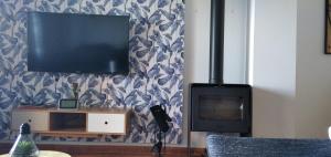 a living room with a flat screen tv on a wall at Vino Montaña & jardín Garaje NETFLIX WIFI INCLUIDO, in Sojuela