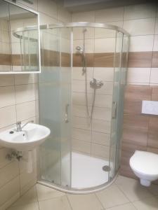 La salle de bains est pourvue d'une douche, d'un lavabo et de toilettes. dans l'établissement Apartmány U Pařezáče, à Humpolec