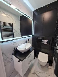 La salle de bains est pourvue d'un lavabo blanc et de toilettes. dans l'établissement Apartamenty River, à Wisła