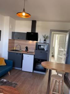 ブールジュにあるT2 4 pers face gare SNCF Appart Hotel le Cygne 5のカウンターとテーブル付きのキッチンが備わります。