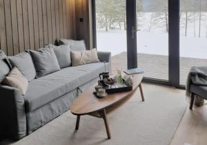 uma sala de estar com um sofá e uma mesa de centro em Mazurskie Hytte em Lukta