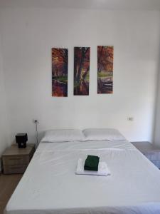 uma cama branca com três pinturas na parede em Rooms for rent 67 em Sassari