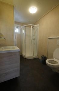 een badkamer met een douche, een toilet en een wastafel bij VVP Verhuur - Visserslust in Vinkeveen