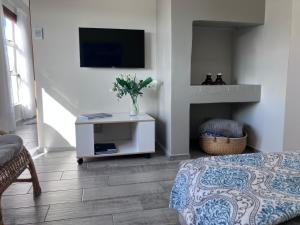 a bedroom with a bed and a tv on a wall at Silverdunes - Seaview in Bettyʼs Bay
