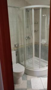 a bathroom with a toilet and a glass shower at Apartments Silvana in Trogir +27 photos