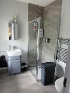 a bathroom with a shower and a sink at Station House Apartment Portstewart in Derry Londonderry