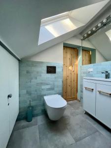 een badkamer met een toilet, een wastafel en een dakraam bij Brezno Apartament in Gdańsk
