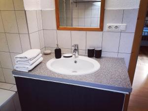 uma casa de banho com lavatório, espelho e toalhas em Karwendelglück em Scharnitz