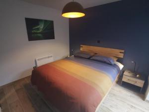 1 dormitorio con una cama colorida y una lámpara en Le Rougegorge, 