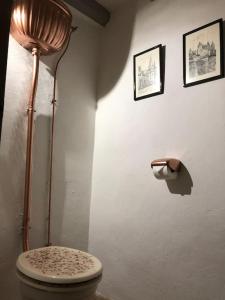a bathroom with a toilet with a lamp and a roll of toilet paper at Gîte de L’Edelinie in Nanteuil-de-Bourzac