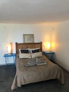 1 dormitorio con 1 cama con 2 lámparas en 2 mesas en Gîte de L’Edelinie en Nanteuil-de-Bourzac