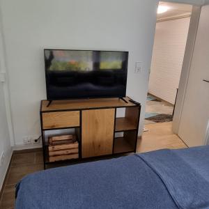 una TV a schermo piatto seduta su un supporto in camera da letto di Gästewohnung Detmerode a Wolfsburg