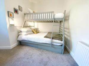 a bedroom with a bunk bed with a teddy bear on it at The Wee Bunk House - Innerleithen in Innerleithen