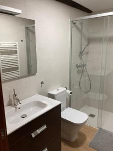 y baño con ducha, lavabo y aseo. en Monforte de la Sierra - Acogedora y cálida vivienda 