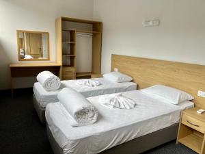 沃尔泽利Iris Hotels Resort的酒店客房,设有三张床和镜子
