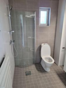 a bathroom with a toilet and a glass shower at Professori in Joensuu