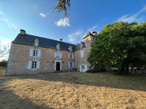 a large brick building with a tree in front of it at Le Mas de Coursac manoir de charme au calme in Quissac