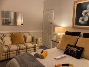 a living room with a bed and a couch at Beautiful holiday 1 bedroom apartment . in Plymouth