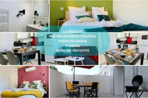 a collage of pictures of a bedroom and a kitchen at LA FREGATE Maison avec piscine/parking/wifi/plages 5kms in Les Mathes