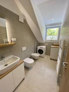 ein Bad mit einem Waschbecken, einem WC und einem Fenster in der Unterkunft Sunny Oak Estate in Mengeš