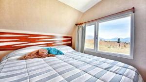 a woman laying on a bed in a bedroom with a window at Cabañas Ladera de Nant y Fall -Tiny Houses- in Trevelín